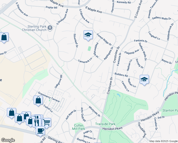 map of restaurants, bars, coffee shops, grocery stores, and more near 162 Applegate Drive in Sterling