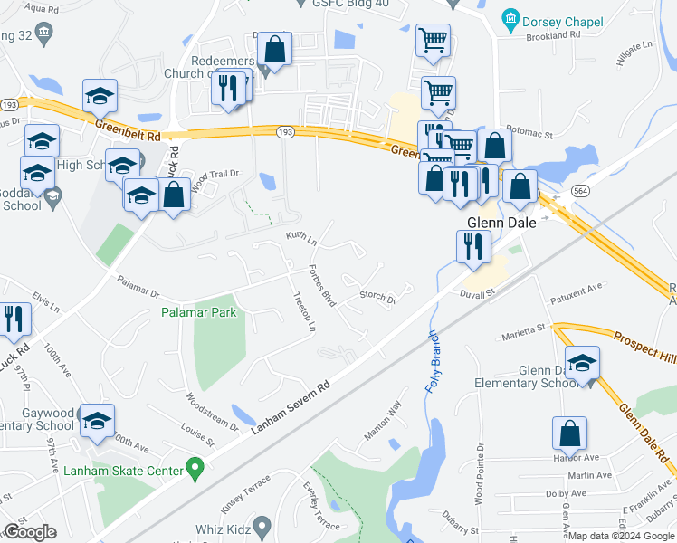 map of restaurants, bars, coffee shops, grocery stores, and more near 6927 Storch Circle in Lanham