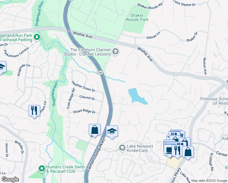 map of restaurants, bars, coffee shops, grocery stores, and more near 1405 Shaker Woods Road in Herndon