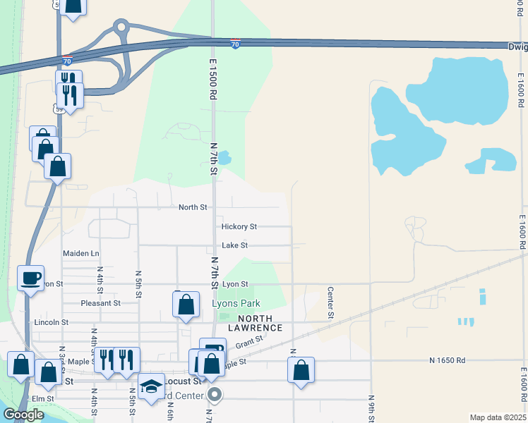 map of restaurants, bars, coffee shops, grocery stores, and more near 756 North Street in Lawrence