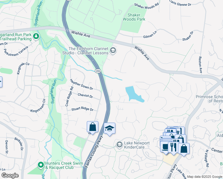 map of restaurants, bars, coffee shops, grocery stores, and more near 1405 Shaker Woods Road in Herndon