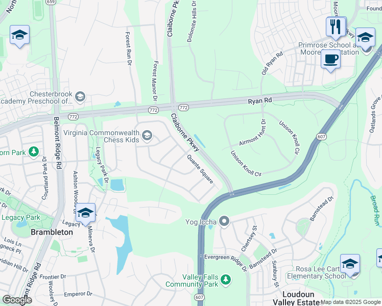map of restaurants, bars, coffee shops, grocery stores, and more near 22820 Quante Square in Ashburn