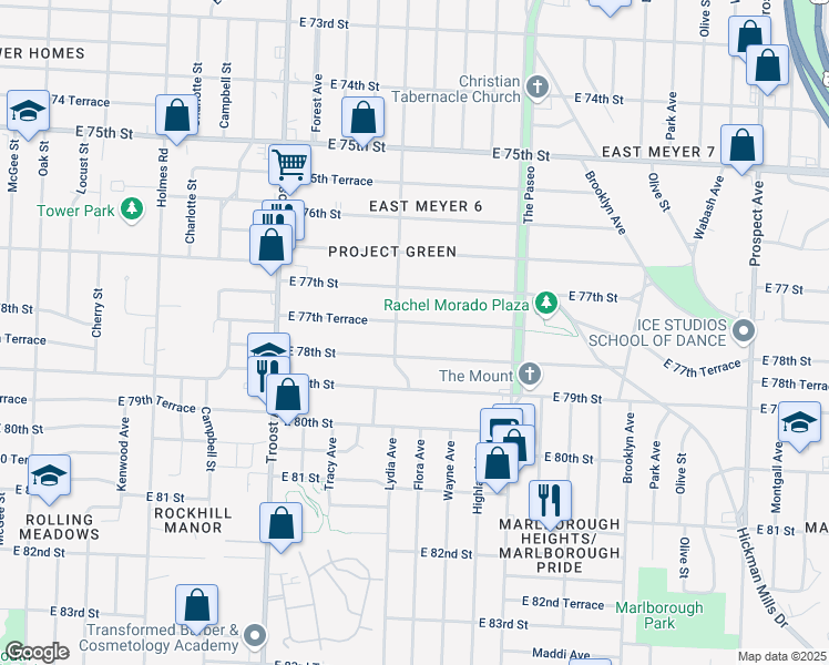 map of restaurants, bars, coffee shops, grocery stores, and more near 1414 East 77th Terrace in Kansas City