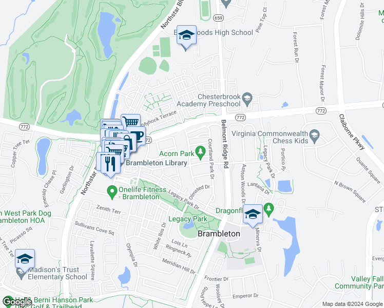 map of restaurants, bars, coffee shops, grocery stores, and more near 42552 Blue Copper Way in Ashburn