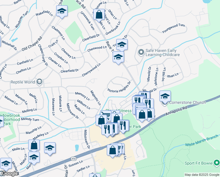 map of restaurants, bars, coffee shops, grocery stores, and more near 13000 Victoria Heights Drive in Bowie