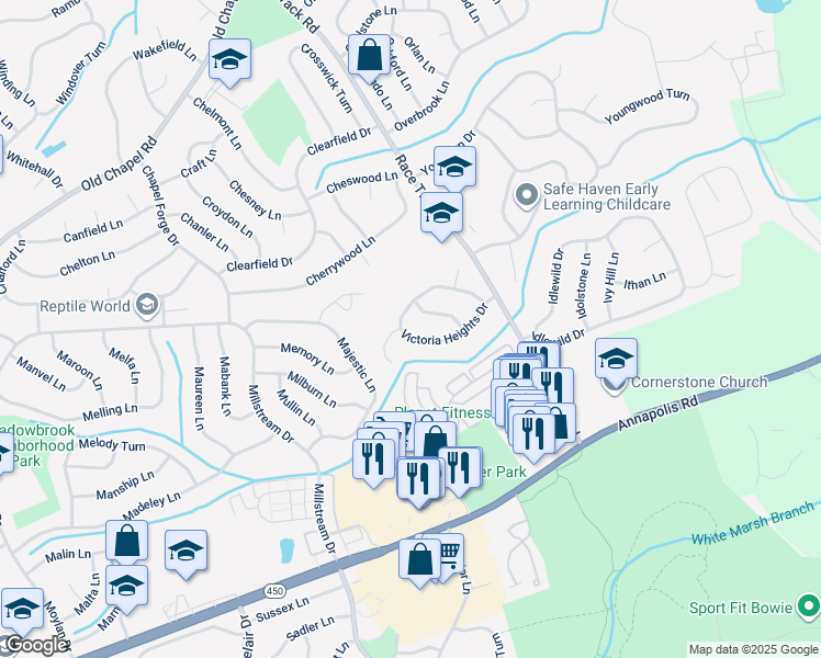 map of restaurants, bars, coffee shops, grocery stores, and more near 13000 Victoria Heights Drive in Bowie