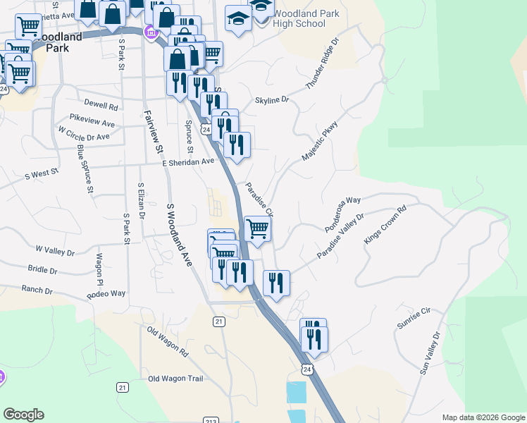 map of restaurants, bars, coffee shops, grocery stores, and more near 500 Greenway Court in Woodland Park