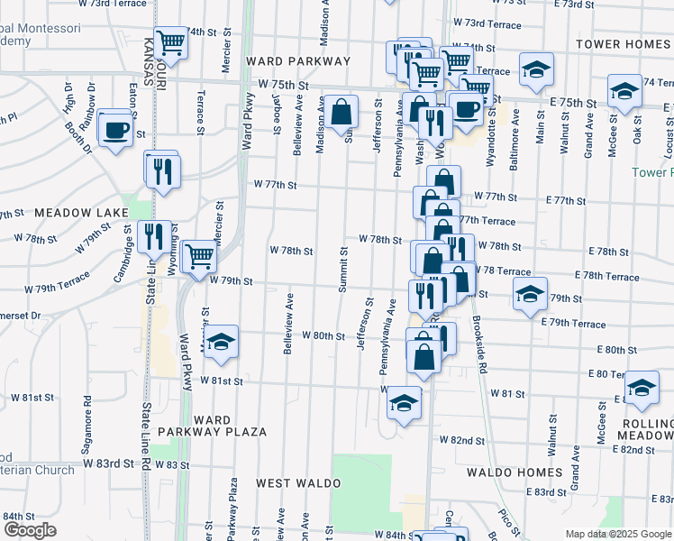 map of restaurants, bars, coffee shops, grocery stores, and more near 7834 Summit Street in Kansas City