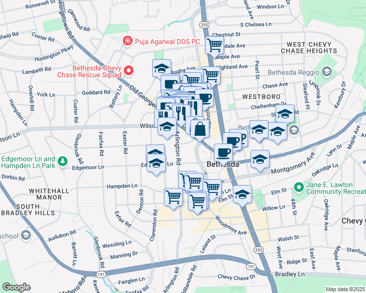 map of restaurants, bars, coffee shops, grocery stores, and more near 4900 Moorland Lane in Bethesda