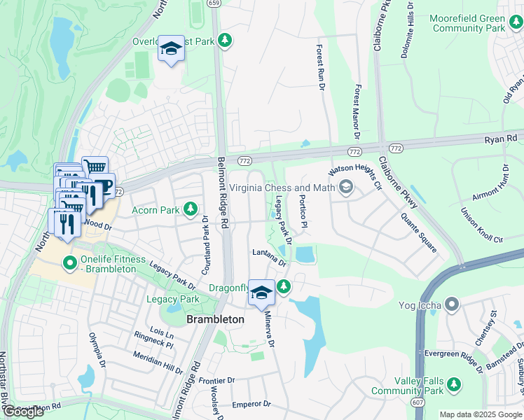 map of restaurants, bars, coffee shops, grocery stores, and more near 22825 Highcrest Circle in Ashburn