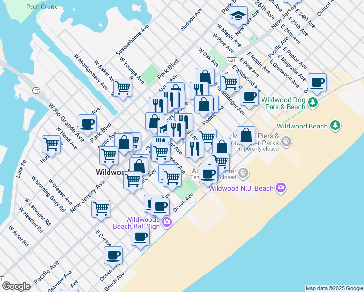 map of restaurants, bars, coffee shops, grocery stores, and more near 4205 Pacific Avenue in Wildwood