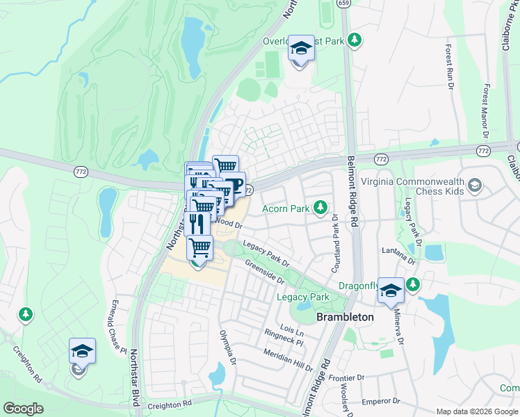 map of restaurants, bars, coffee shops, grocery stores, and more near 42615 Magellan Square in Ashburn