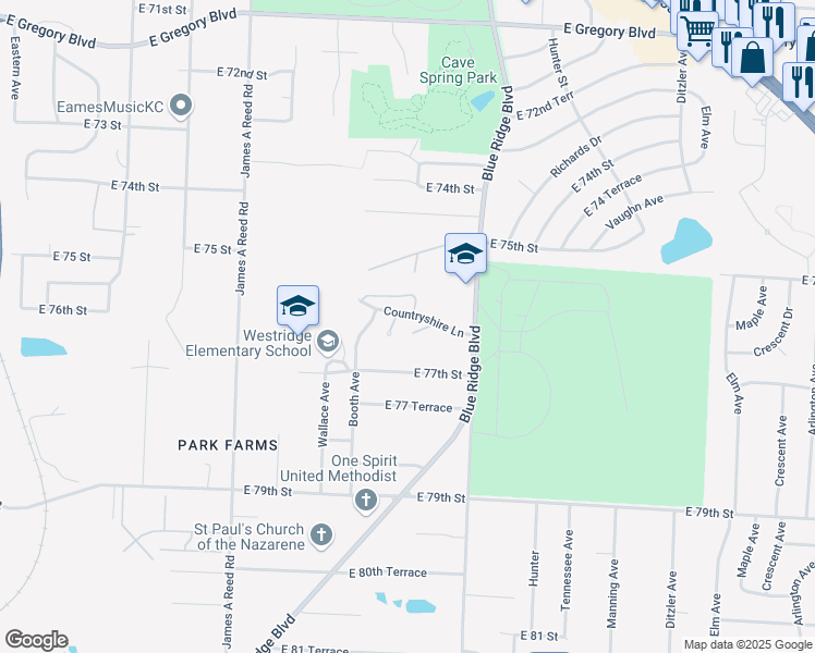 map of restaurants, bars, coffee shops, grocery stores, and more near 8705 Countryshire Lane in Kansas City