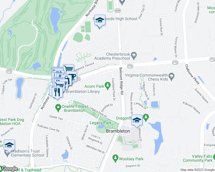 map of restaurants, bars, coffee shops, grocery stores, and more near 42568 Blue Copper Way in Ashburn