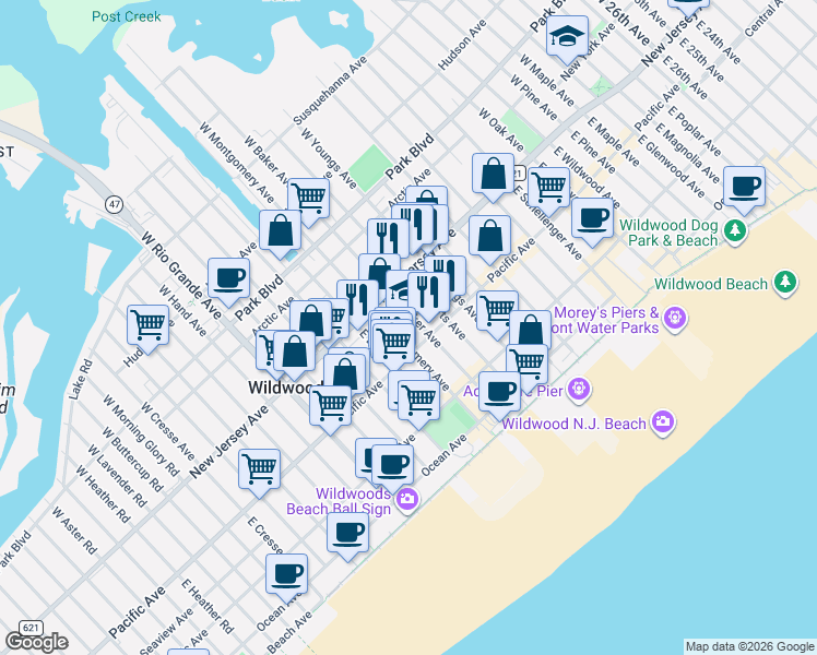 map of restaurants, bars, coffee shops, grocery stores, and more near 125 East Baker Avenue in Wildwood