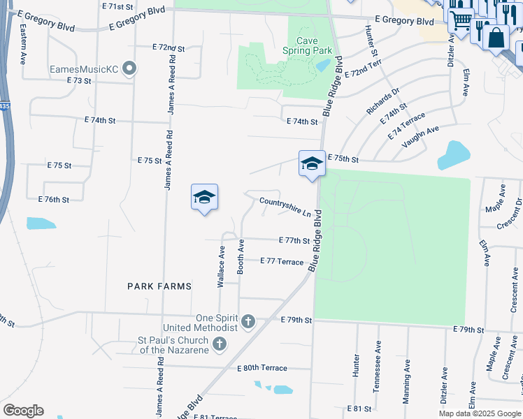 map of restaurants, bars, coffee shops, grocery stores, and more near 8603A Countryshire Lane in Kansas City