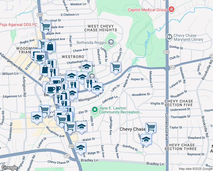 map of restaurants, bars, coffee shops, grocery stores, and more near 4242 East-West Highway in Chevy Chase