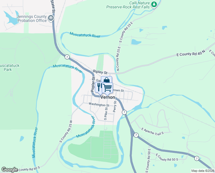 map of restaurants, bars, coffee shops, grocery stores, and more near 119 North Pike Street in Vernon