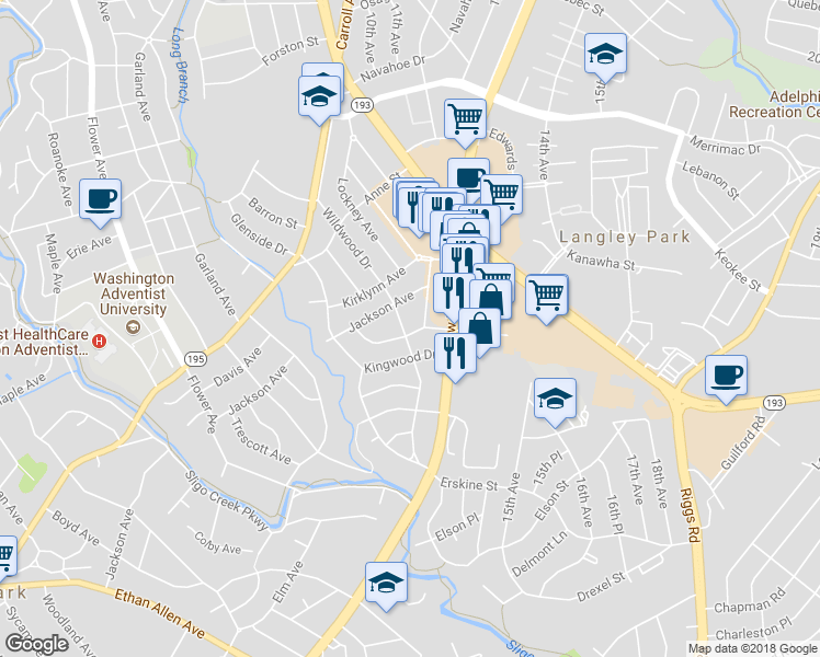 map of restaurants, bars, coffee shops, grocery stores, and more near 7601 Wildwood Drive in Takoma Park