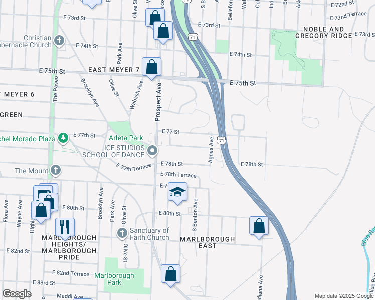 map of restaurants, bars, coffee shops, grocery stores, and more near 2714 East 77th Terrace in Kansas City