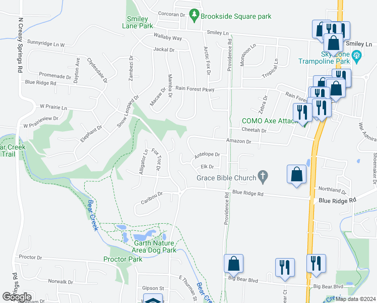 map of restaurants, bars, coffee shops, grocery stores, and more near 3409 Squirrel Drive in Columbia