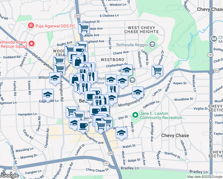map of restaurants, bars, coffee shops, grocery stores, and more near 7500 Pearl Street in Bethesda