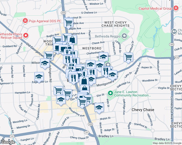 map of restaurants, bars, coffee shops, grocery stores, and more near 7500 Pearl Street in Bethesda