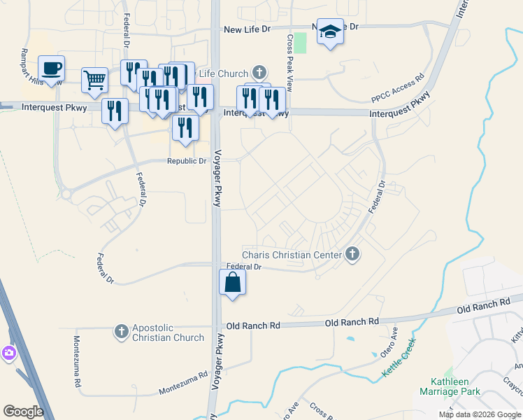 map of restaurants, bars, coffee shops, grocery stores, and more near 1677 Blue Sapphire View in Colorado Springs