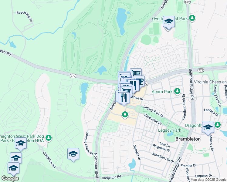 map of restaurants, bars, coffee shops, grocery stores, and more near 22816 Goldsborough Terrace in Ashburn