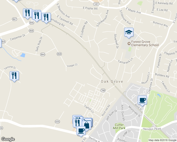 map of restaurants, bars, coffee shops, grocery stores, and more near 46035 Earle Wallace Circle in Sterling