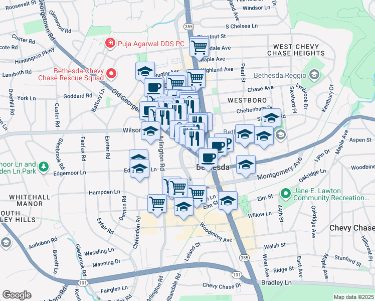 map of restaurants, bars, coffee shops, grocery stores, and more near 7620 Old Georgetown Road in Bethesda