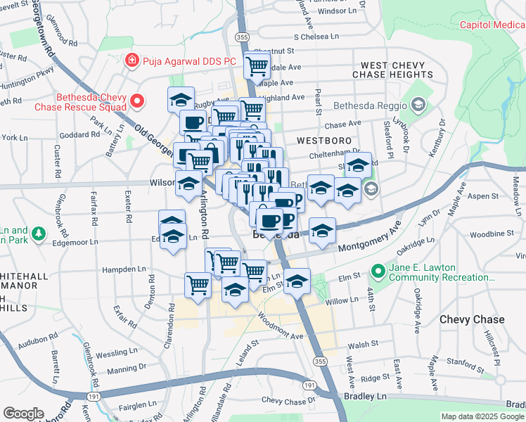 map of restaurants, bars, coffee shops, grocery stores, and more near Commerce Lane in Bethesda