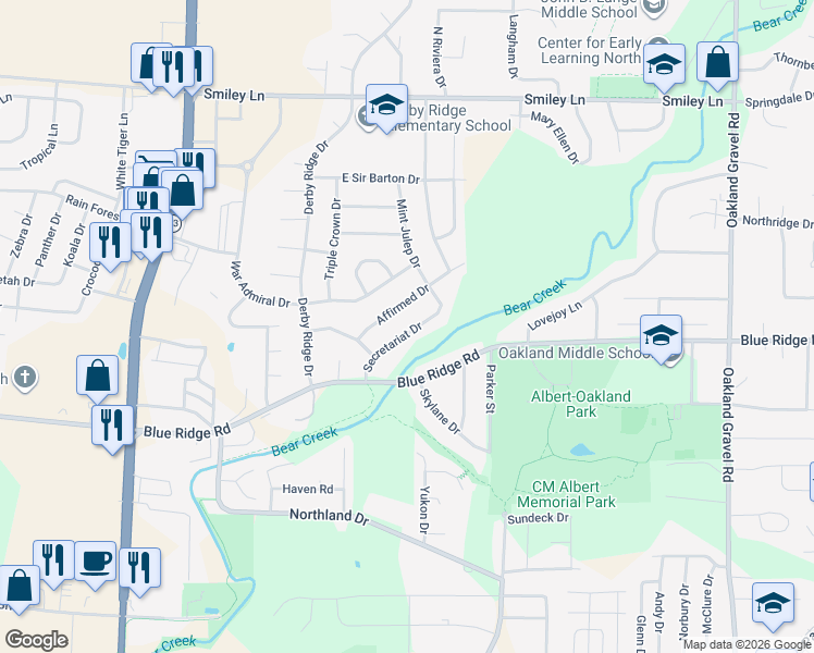 map of restaurants, bars, coffee shops, grocery stores, and more near 1605 Secretariat Drive in Columbia