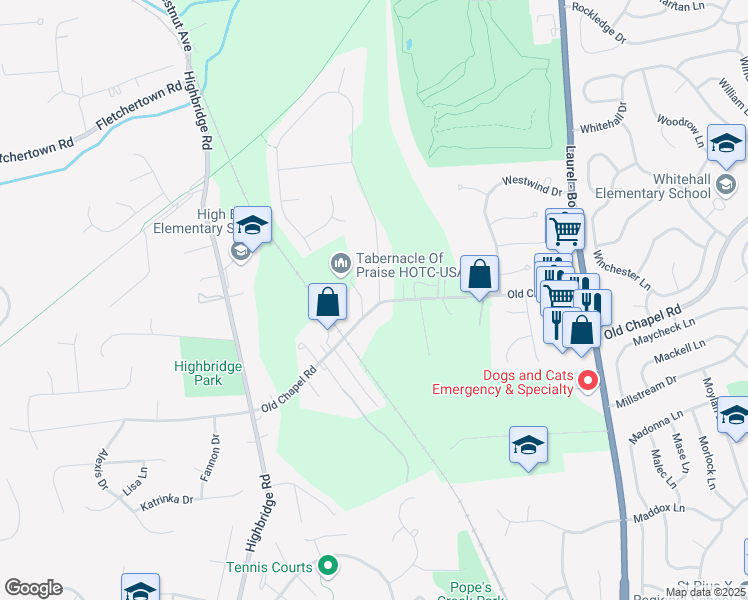 map of restaurants, bars, coffee shops, grocery stores, and more near 13720 Old Chapel Road in Bowie