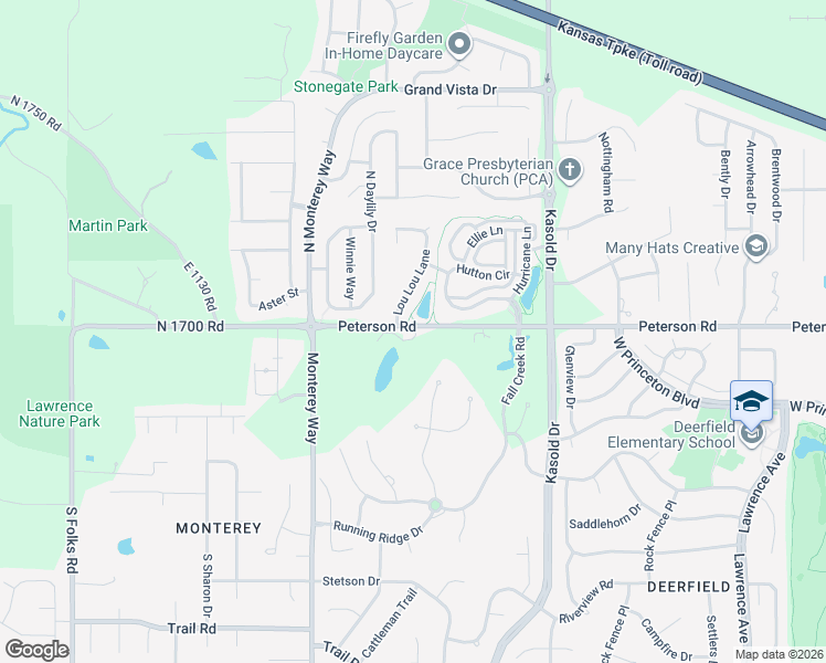 map of restaurants, bars, coffee shops, grocery stores, and more near 3633 Peterson Road in Lawrence