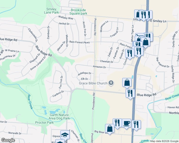 map of restaurants, bars, coffee shops, grocery stores, and more near 203 Antelope Drive in Columbia