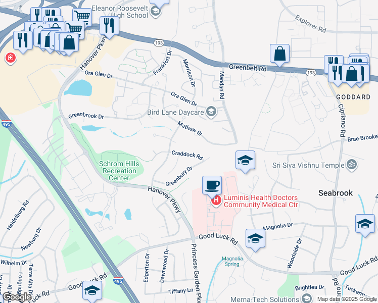 map of restaurants, bars, coffee shops, grocery stores, and more near 8112 Craddock Road in Greenbelt