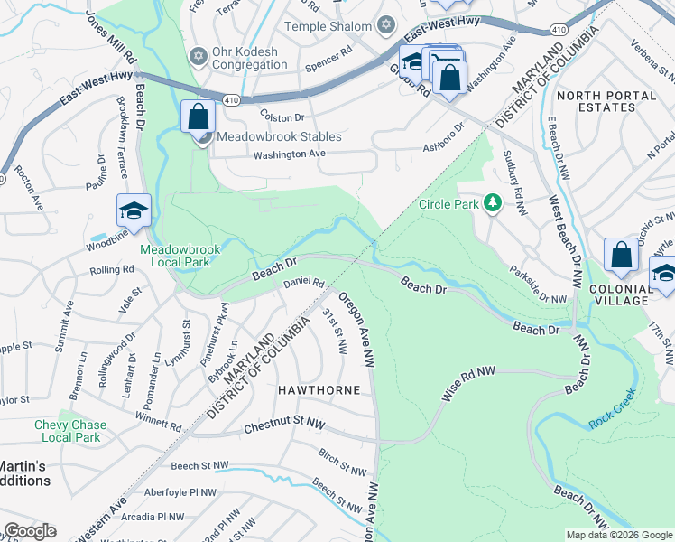 map of restaurants, bars, coffee shops, grocery stores, and more near 2701 Daniel Road in Chevy Chase