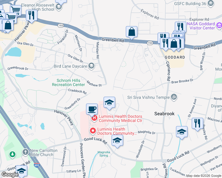 map of restaurants, bars, coffee shops, grocery stores, and more near 8495 Greenbelt Road in Greenbelt