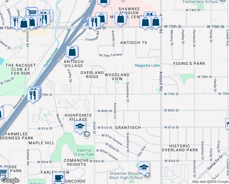 map of restaurants, bars, coffee shops, grocery stores, and more near 7823 England Street in Overland Park