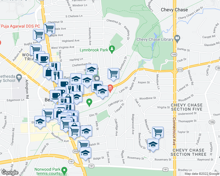 map of restaurants, bars, coffee shops, grocery stores, and more near East-West Hwy & Montgomery Ave in Chevy Chase