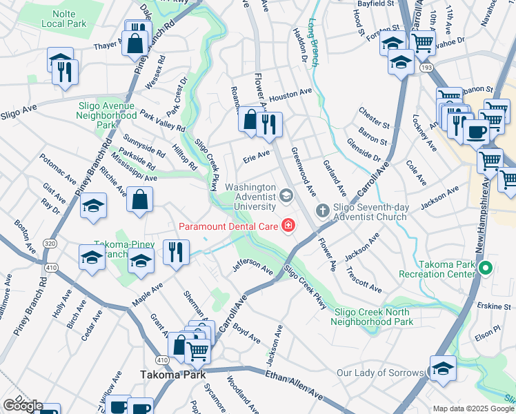 map of restaurants, bars, coffee shops, grocery stores, and more near 7600 Carroll Avenue in Takoma Park