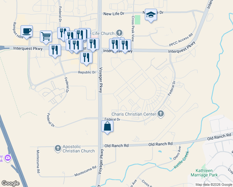 map of restaurants, bars, coffee shops, grocery stores, and more near 10851 Hidden Pool Heights in Colorado Springs