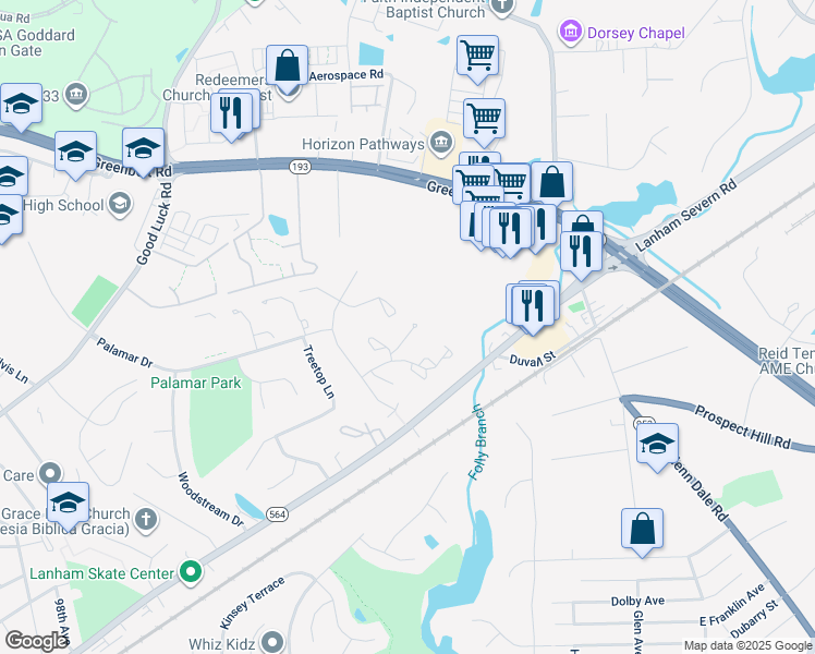 map of restaurants, bars, coffee shops, grocery stores, and more near 7022 Storch Lane in Lanham