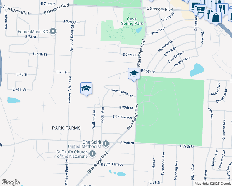 map of restaurants, bars, coffee shops, grocery stores, and more near 8603A Countryshire Lane in Kansas City