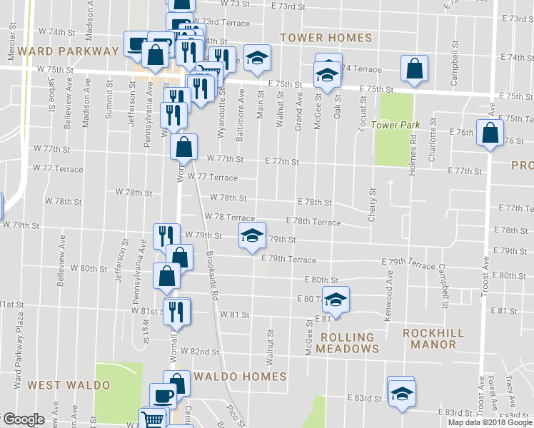 map of restaurants, bars, coffee shops, grocery stores, and more near 105 East 78th Street in Kansas City