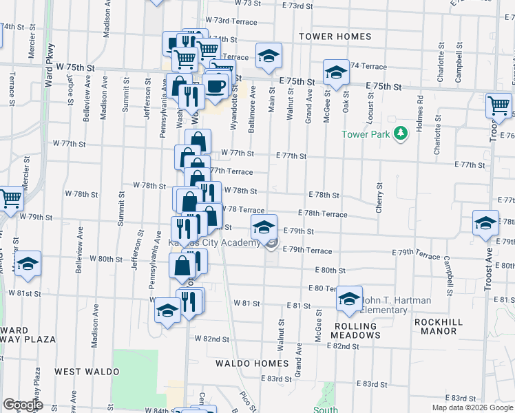 map of restaurants, bars, coffee shops, grocery stores, and more near 1 West 78th Street in Kansas City