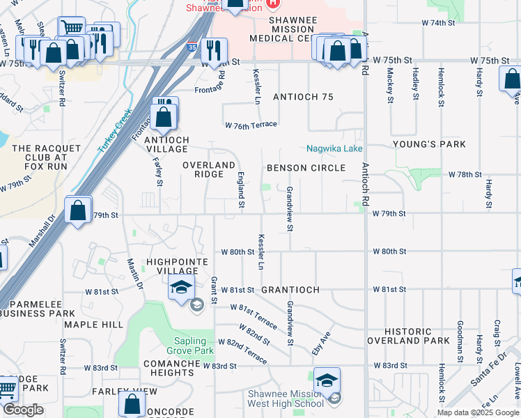 map of restaurants, bars, coffee shops, grocery stores, and more near 7823 England Street in Overland Park