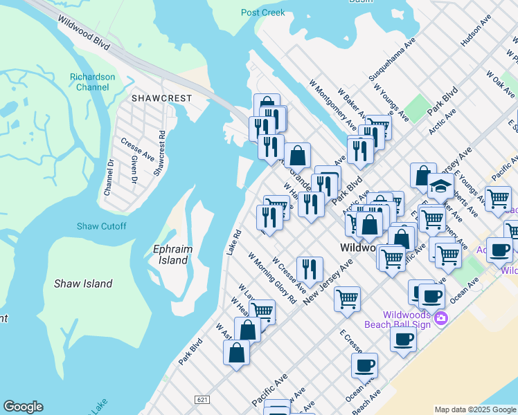 map of restaurants, bars, coffee shops, grocery stores, and more near 418 West Bennett Avenue in Wildwood