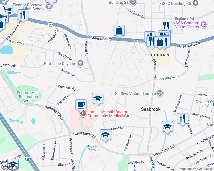 map of restaurants, bars, coffee shops, grocery stores, and more near 8481 Greenbelt Road in Greenbelt
